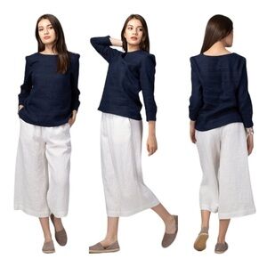 S.Oliver White Midi Linen Wide Leg Pants, elastic waistband Sz. 40 US L ( 12 )